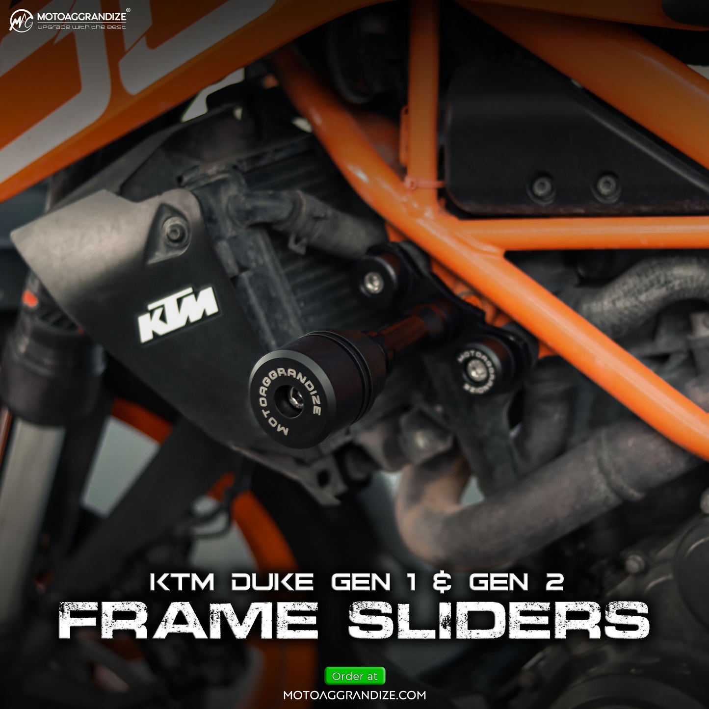Motoaggrandize Frame sliders/ Crash Protectors for KTM Duke 125/ 200/ 250/ 390 (Gen 1 & 2)